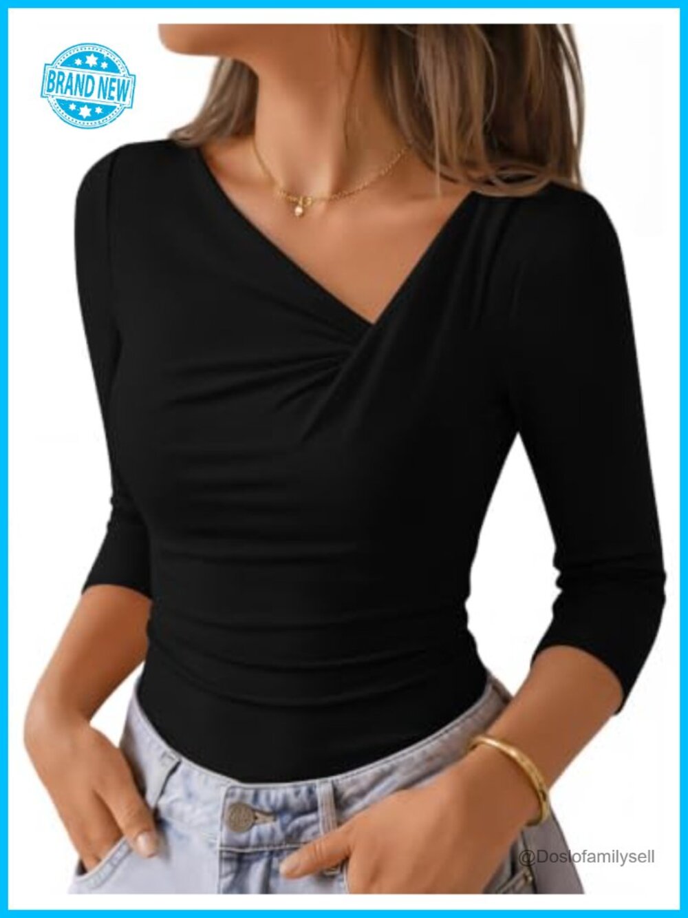 Women's Asymmetrical 3/4 Sleeve Ruched Top Slim Fit Casual Blouse